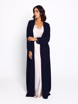 Doubled cuff shimmery crepe abaya with metallic trim detail