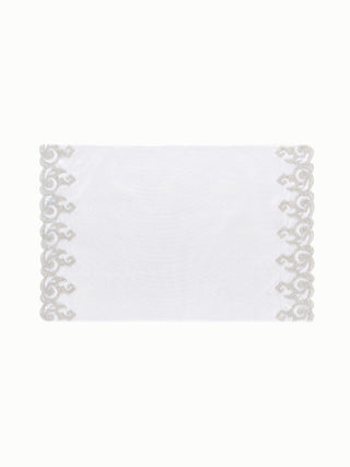 Ornate edge silver placemat set of 6 in metallic lace and satin
