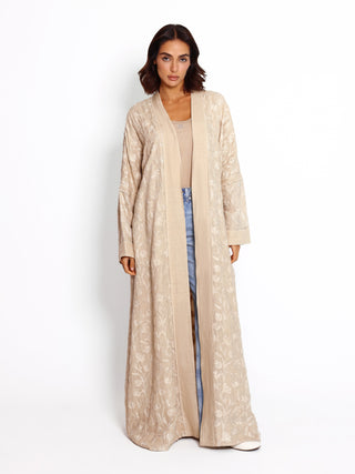 Lightweight embroidered linen abaya with relaxed silhouette