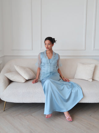 Full length view of blue satin dress with transparent organza layer, featuring relaxed silhouette and fluid drape
